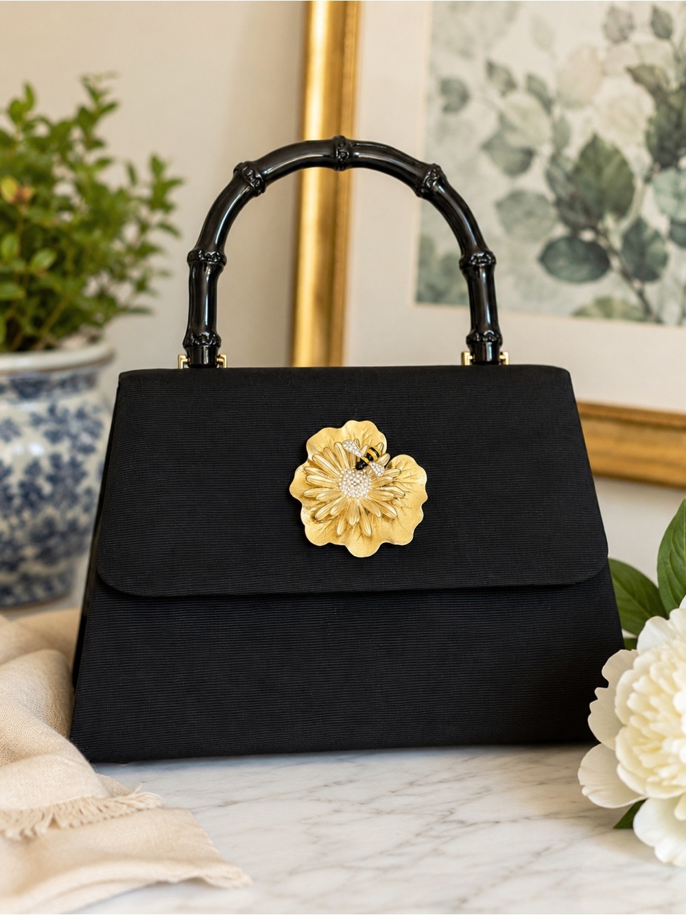 Lisi Lerch Black Bamboo Handle Handbag Gold Floral Bee Brooch Vintage Style